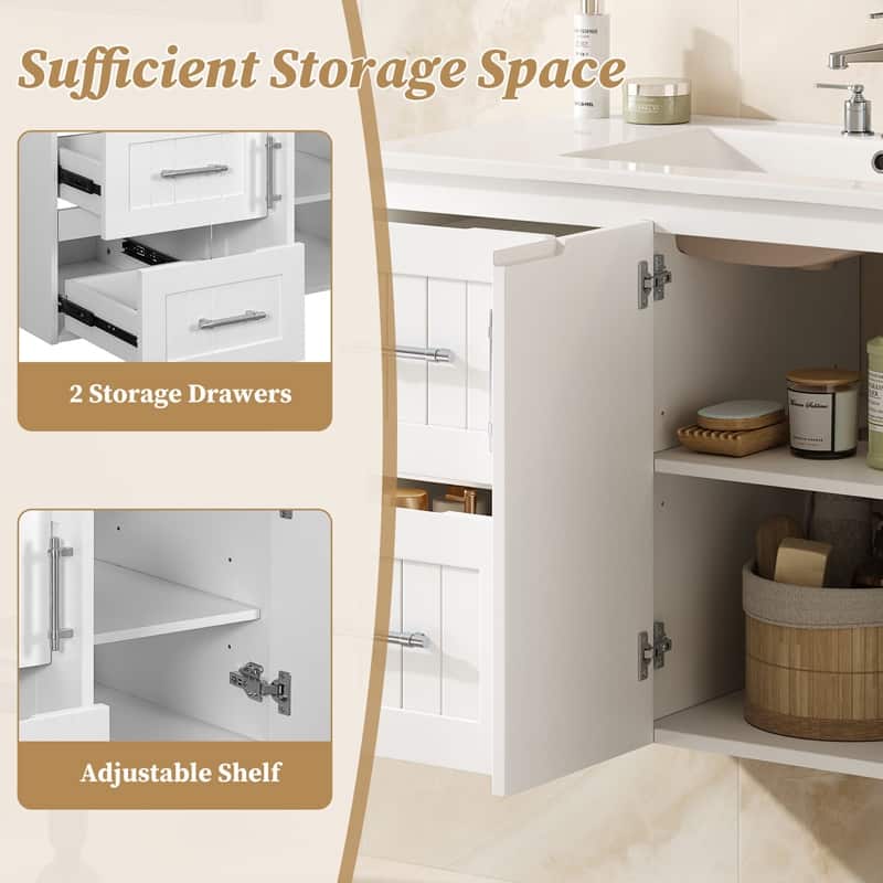 36" Wall Mounted Bathroom Vanity with 2 Drawers, Floating Vanity with Ceramic Sink & Adjustable Shelf, Modern Bathroom Storage