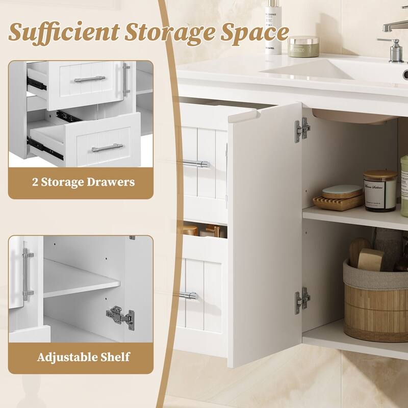 36" Wall Mounted Bathroom Vanity with Ceramic Sink, 2 Drawers, Adjustable Shelf and Floating Storage Cabinet
