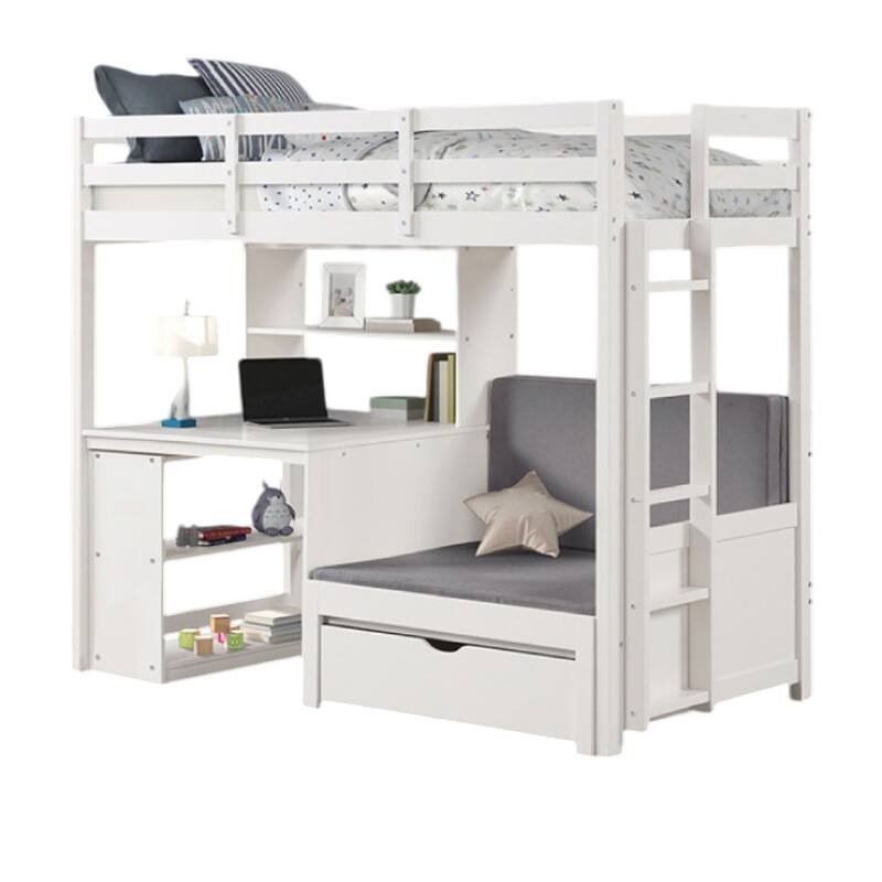 Sirius Twin Loft Bed with Writing Desk, Shelf Unit, White Pine Wood