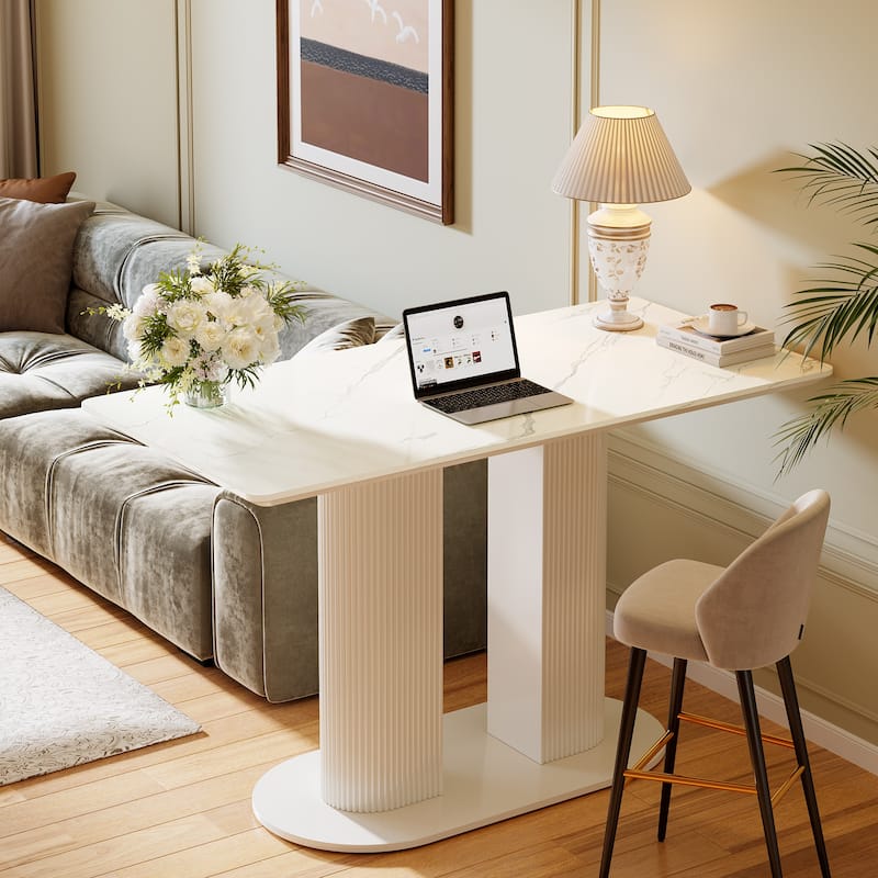 Counter Height Bar Table, Rectangular Pub Table with Faux Marble Tabletop, Home Bar Unit for Kitchen