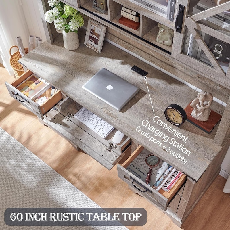 Farmhouse Desk, Wood Home Office Executive Desk with Charging Station
