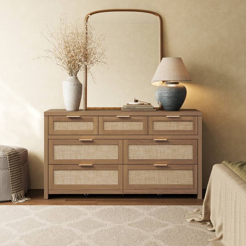 Efficient Storage Dresser with 7 Rattan Drawers