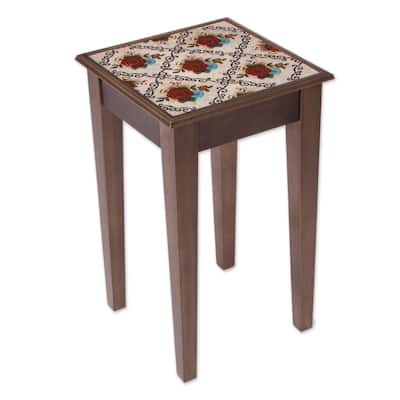 Novica Handmade Red Flowers Reverse-Painted Glass Accent Table