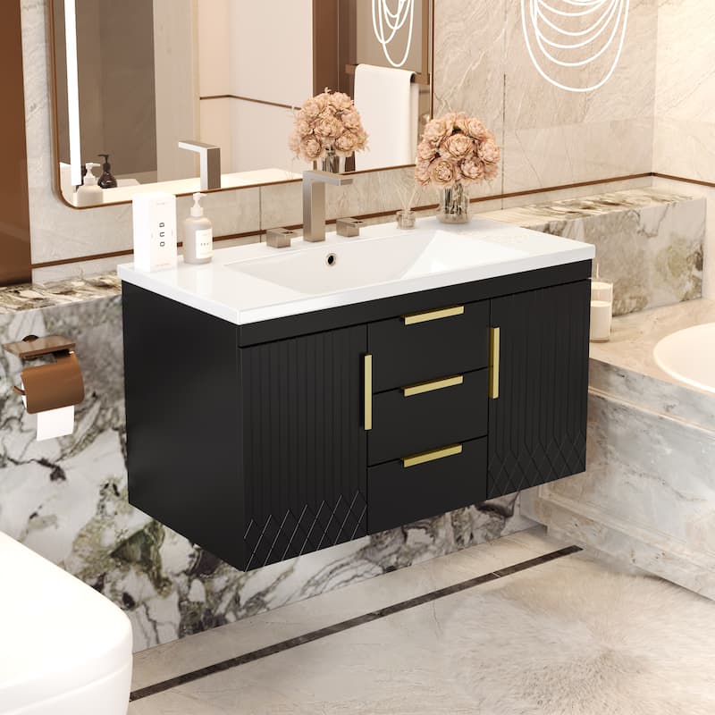 36''Floating Bathroom Vanity - Solid Wood Wall-Mounted Cabinet with Resin Sink & 2 Soft-Close Drawers.