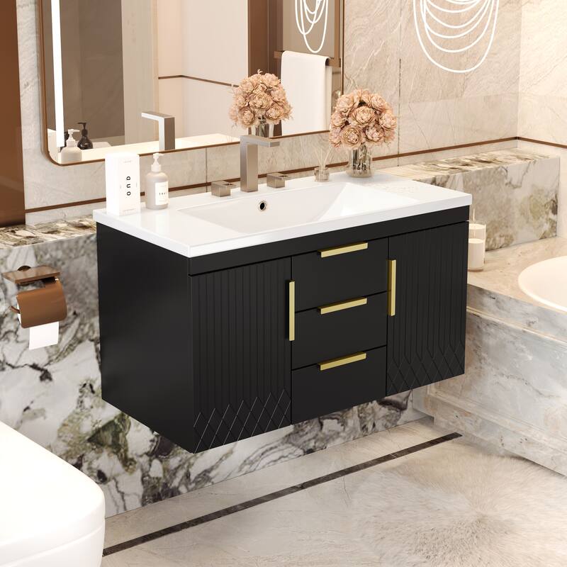 Floating Geometric Lines Cabinet Wall Mounted Bathroom Vanity with Resin Sink, 2 Drawers, 2 Storage Cabinet and Gold Handles