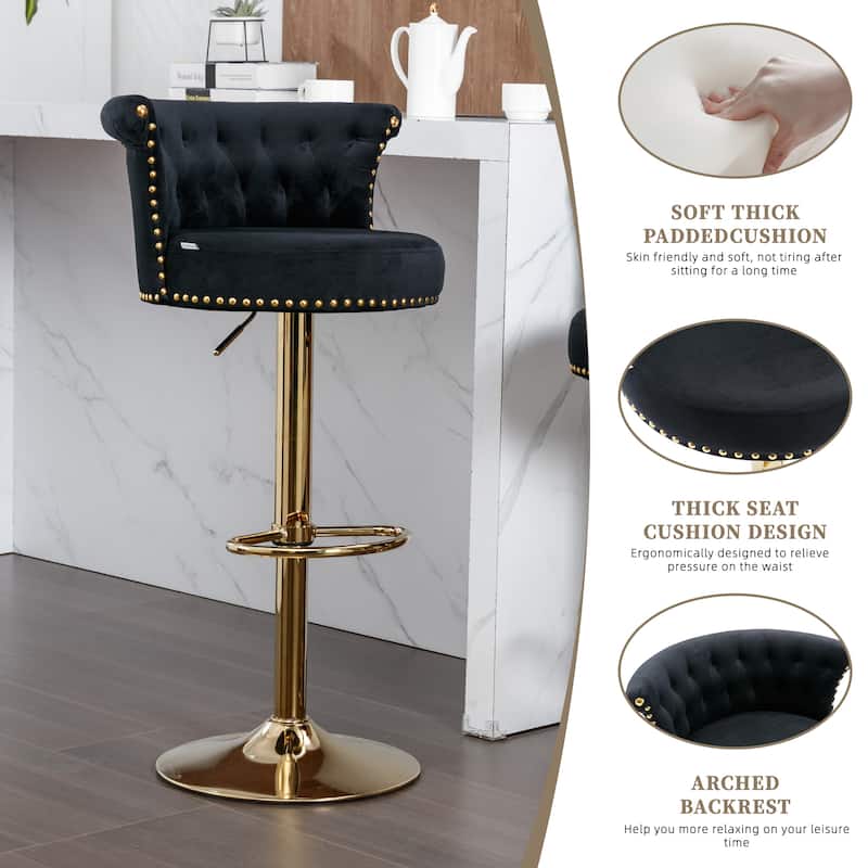 Velvet Upholstered Tufted Nailheads Swivel Adjustable Height Bar Stools With Golden Footrest(set of 2)