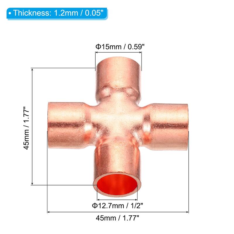2pcs 1/2 Inch ID Copper Cross Pipe Fitting 4 Way Copper End Feed Equal Connector - Copper Tone - Copper Tone