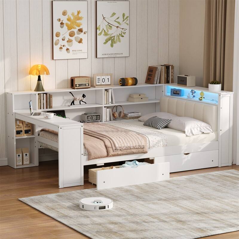 Twin/Full Size Daybed with LED Light, Side Desk and 2 Drawers, Wooden Sofa Bed with Storage Shelves and Upholstered Headboard