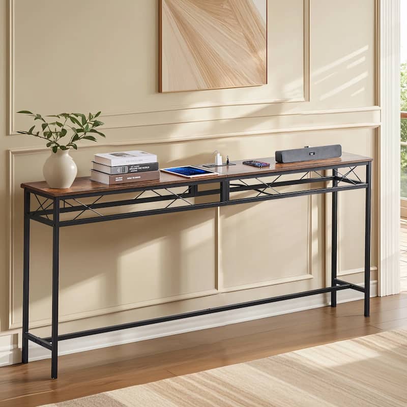 VECELO Industrial Rectangular Console Table with AC Power and USB Charging Ports Multi-Purpose Metal Console Table for Entryway