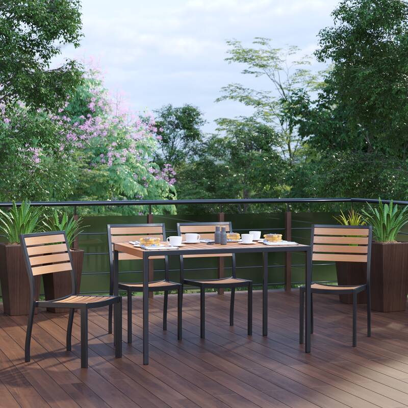 Indoor/Outdoor Steel Framed Faux Teak Patio Table with 4 Chairs - 30"W x 48"D x 29.5"H - Teak