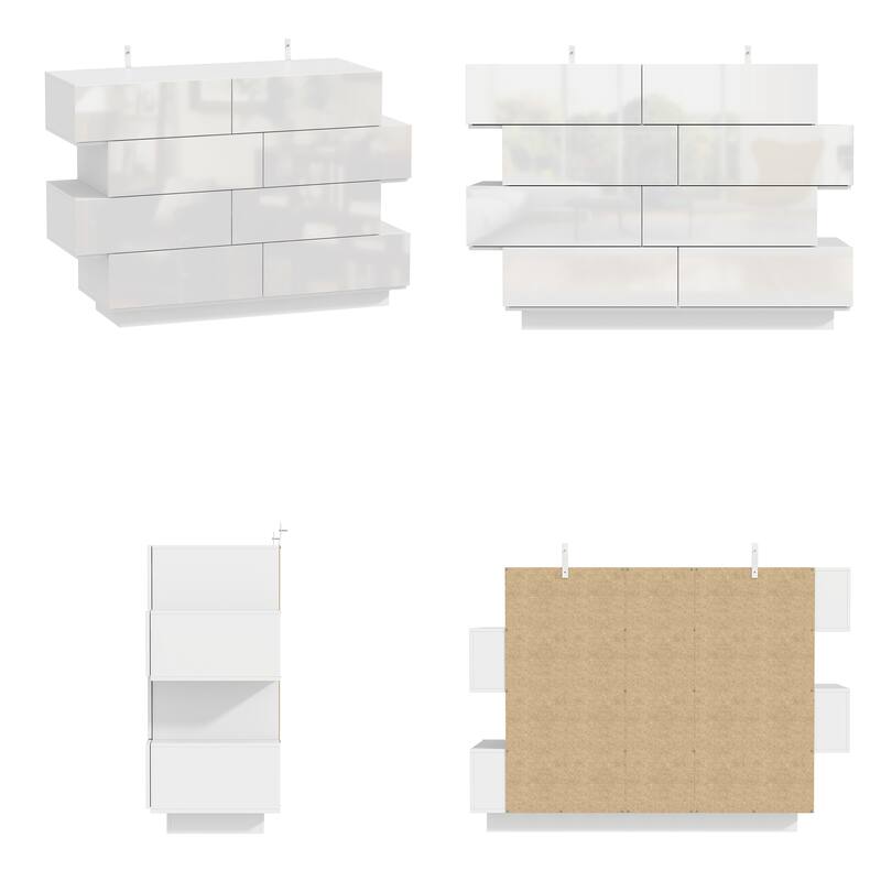 Sleek High Gloss White Eight-Drawer Dresser, Storage Unit Chest