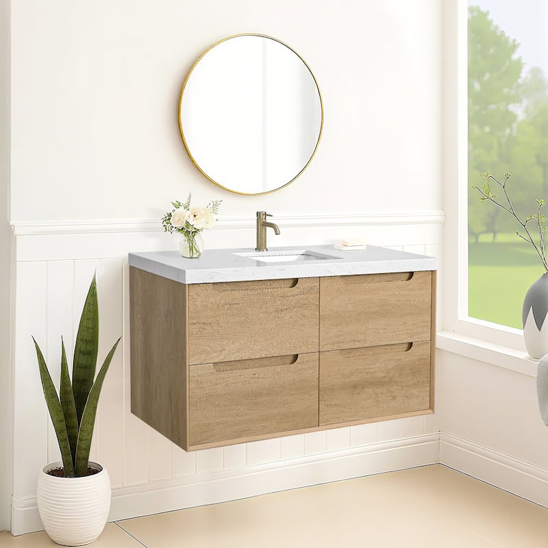24"36"48"60"72"84" Floating Bathroom Vanity with Engineered Top Rectangulare Sink Solid Wood