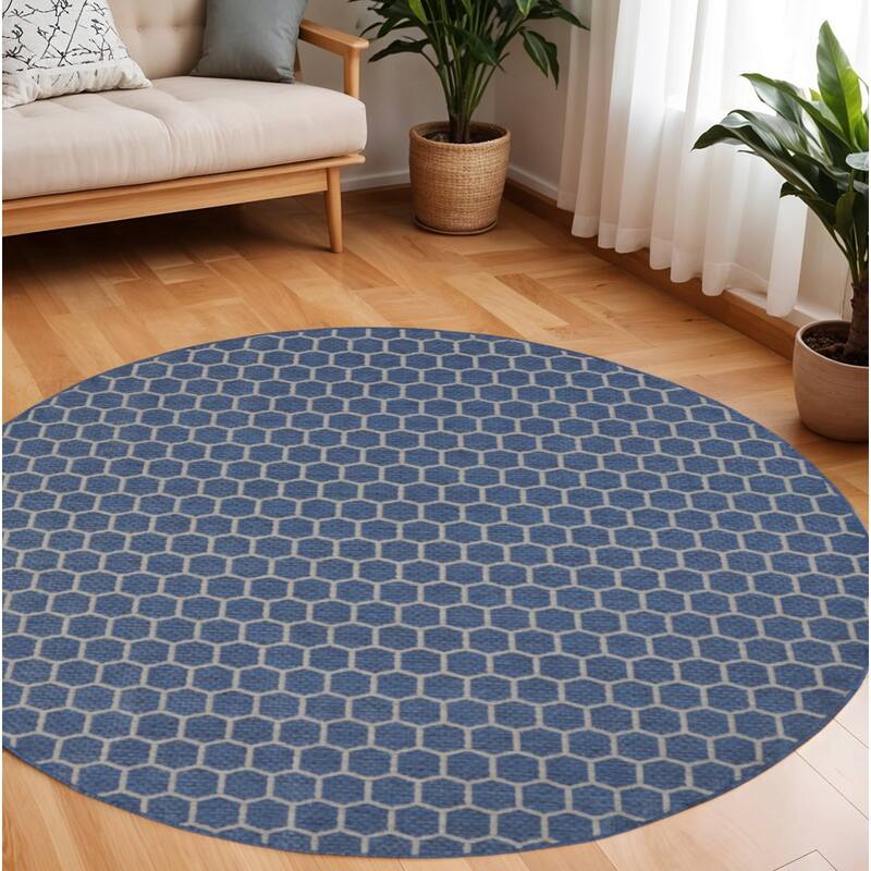 HomeRoots Geometric Modern Rectangle Outdoor Rug - 8' Round - Blue/Ivory - 8' Round