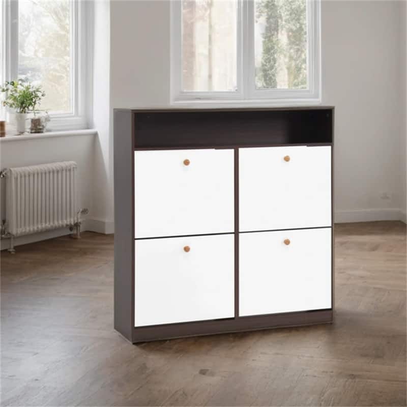 Freestanding Shoe Storage Cabinet with 4 Flip Drawers and Wood Handle