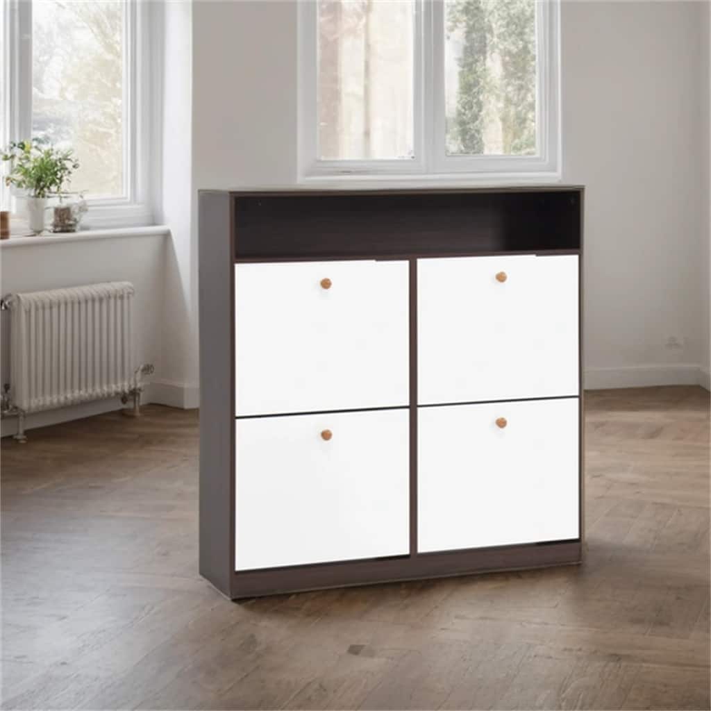 Freestanding Shoe Storage Cabinet with 4 Flip Drawers and Wood Handle