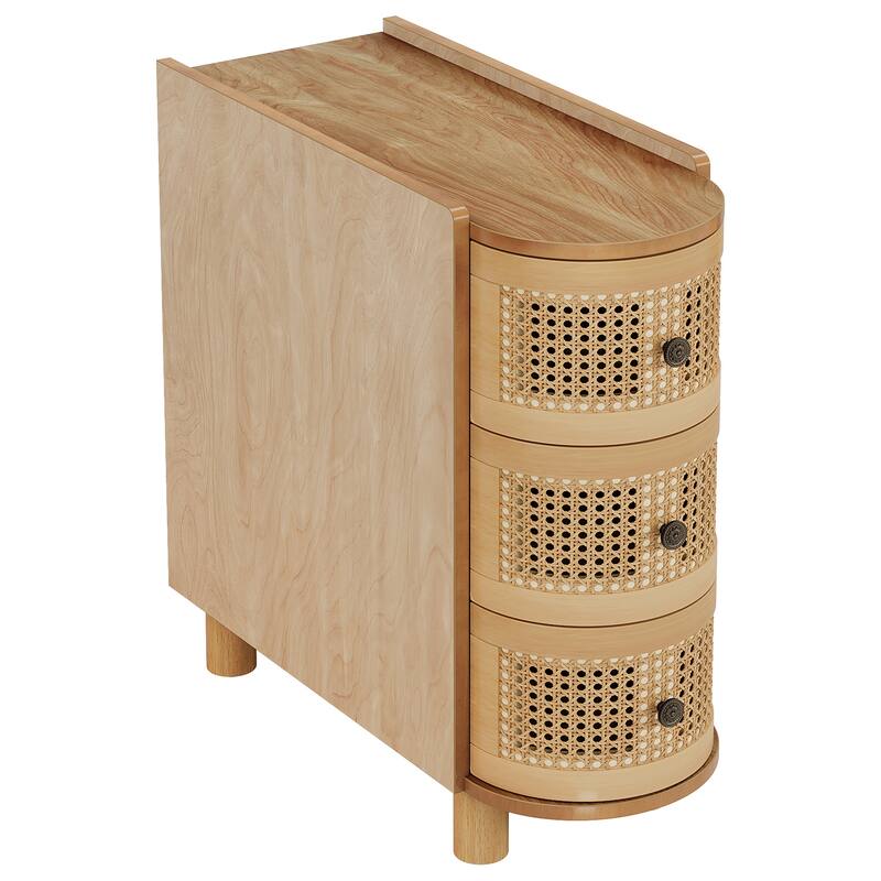 3-Drawer Solid Wood End Side Table Rattan Nightstand Bedside Table