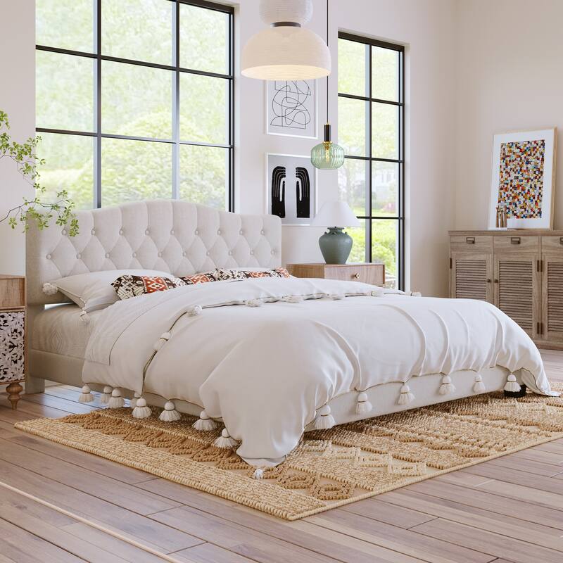 Roomfitters Queen/King Size Elegant Tufted Upholstered Platform Bed Frame, Diamond Button Headboard, No Box Spring Needed, Beige