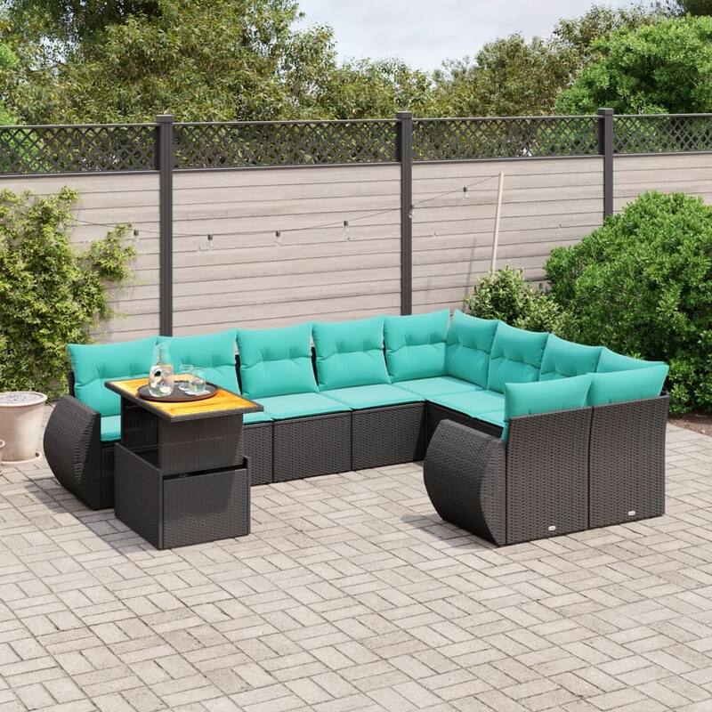vidaXL Patio Sofa Set with Cushions Outdoor Furniture 10 Piece Poly Rattan - 24.4 x 24.4 x 27.2 - Black-5x middle+Table+2x corner
