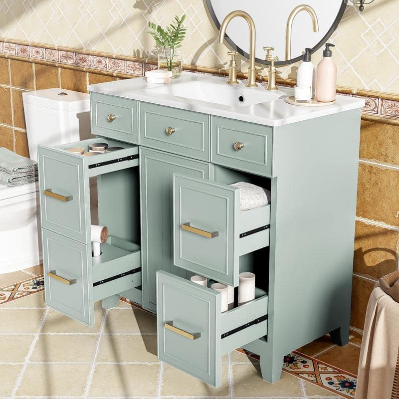 36" Wood Vanity with Ceramic Sink, Soft-Close Doors, Shelves, and Deep Drawers for Storage.