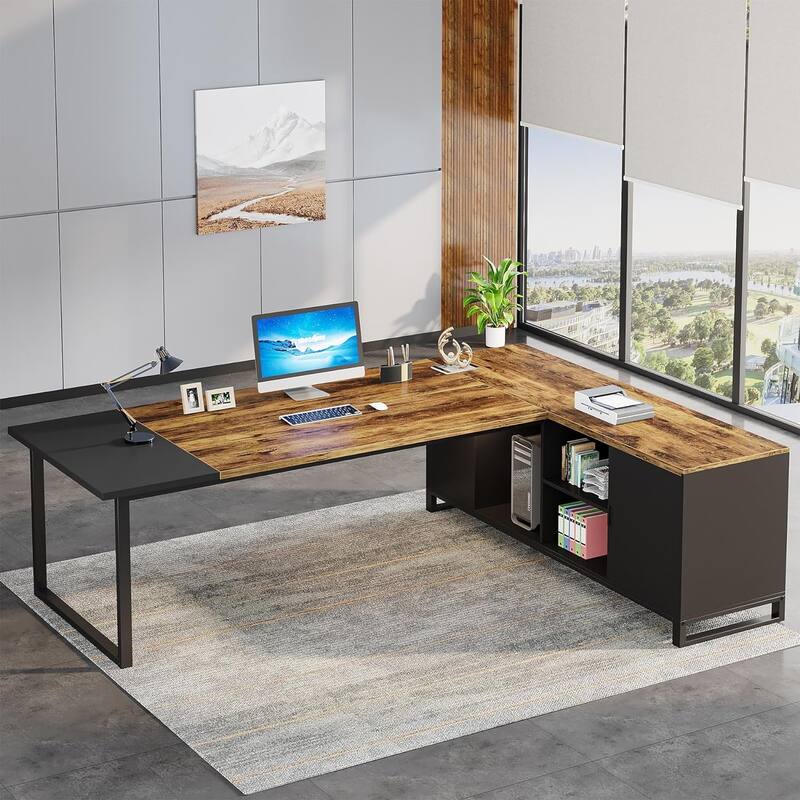 70.8" L-Shaped Executive Desk with 55" File Cabinet, Large Computer Desk with Storage Shelves/Cabinet for Home Office