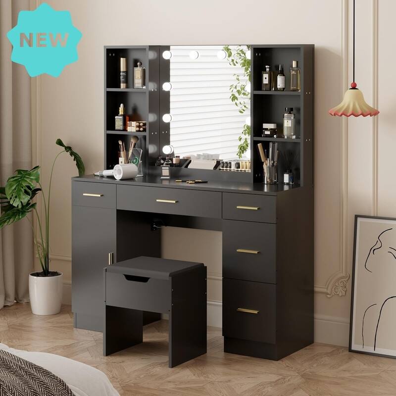 55.7" Dressing Table with LED Lights, Storage Shelves & Stool, Drawers - Black