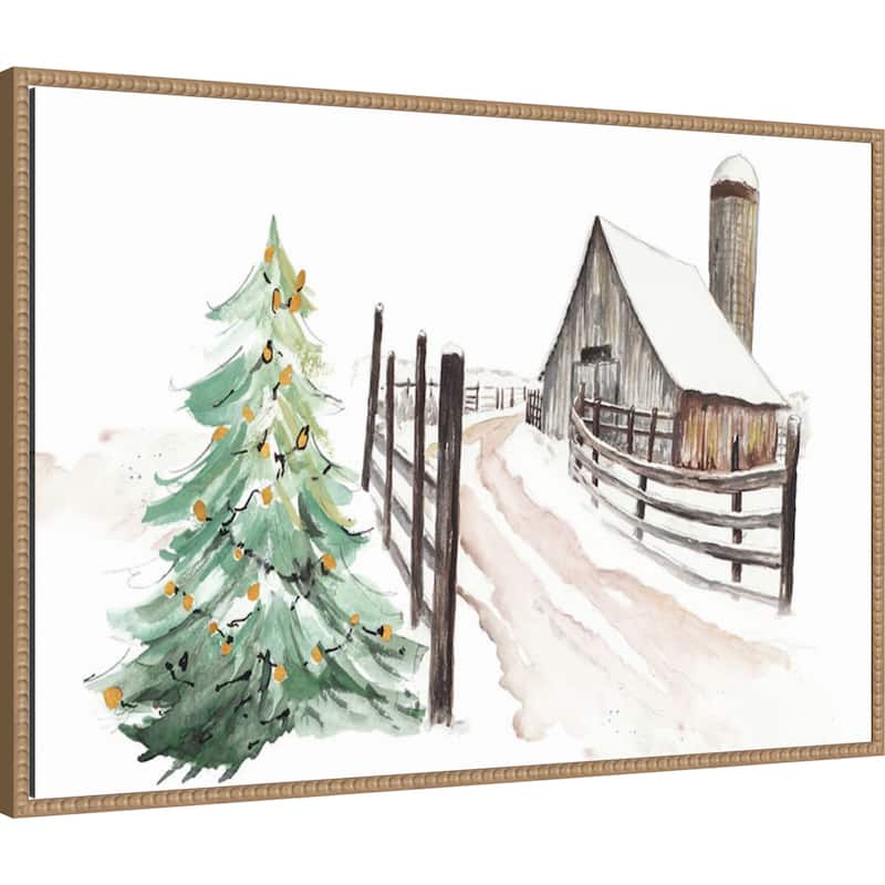 Snowy Vermont Farm by Patricia Pinto (33 x 23 in.), Framed Canvas Wall Art Print - Sylvie Beaded Rustic Natural