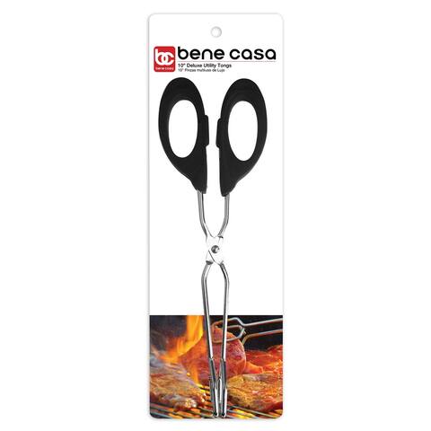 Bene Casa 10-inch metal tong, wide tip tong, heat-resistant handle, scissor type tong, anti-slip grip tong -