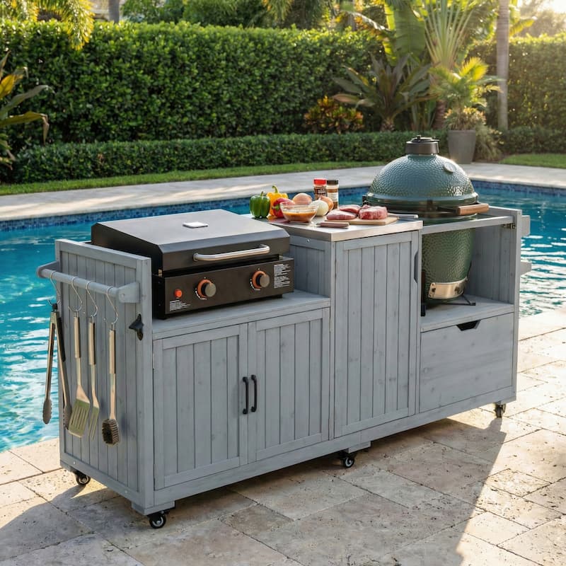 80.5"Kitchen Island,Solid Wood Grill Cart with Stainless Steel Top,Drawer for Large Big Green Egg and 21"/28"Blackstone Griddle