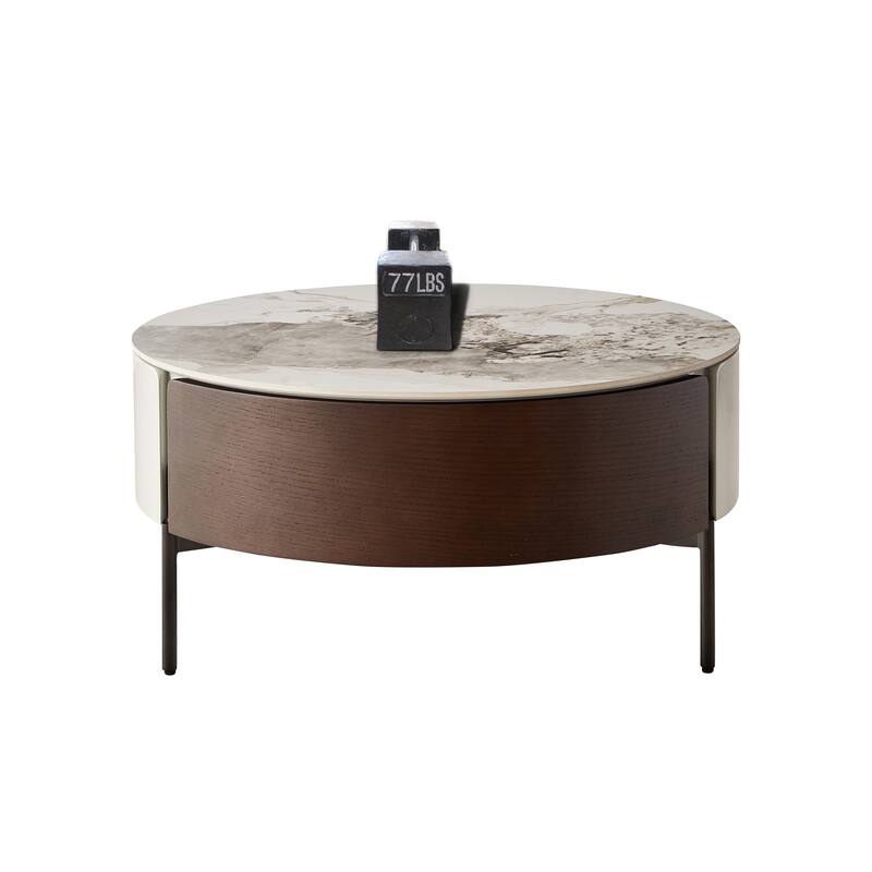 Round & reall Coffee Table with Drawers and metal legs,Table with Golden Legs Circular Center Table with ceramic Pattern Top