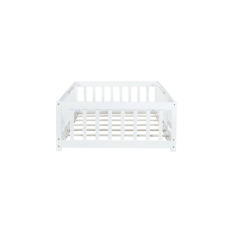 Twin Size Floor Bed with Fence and Door,Rubber Wood Floor Bed with Safety Guardrails
