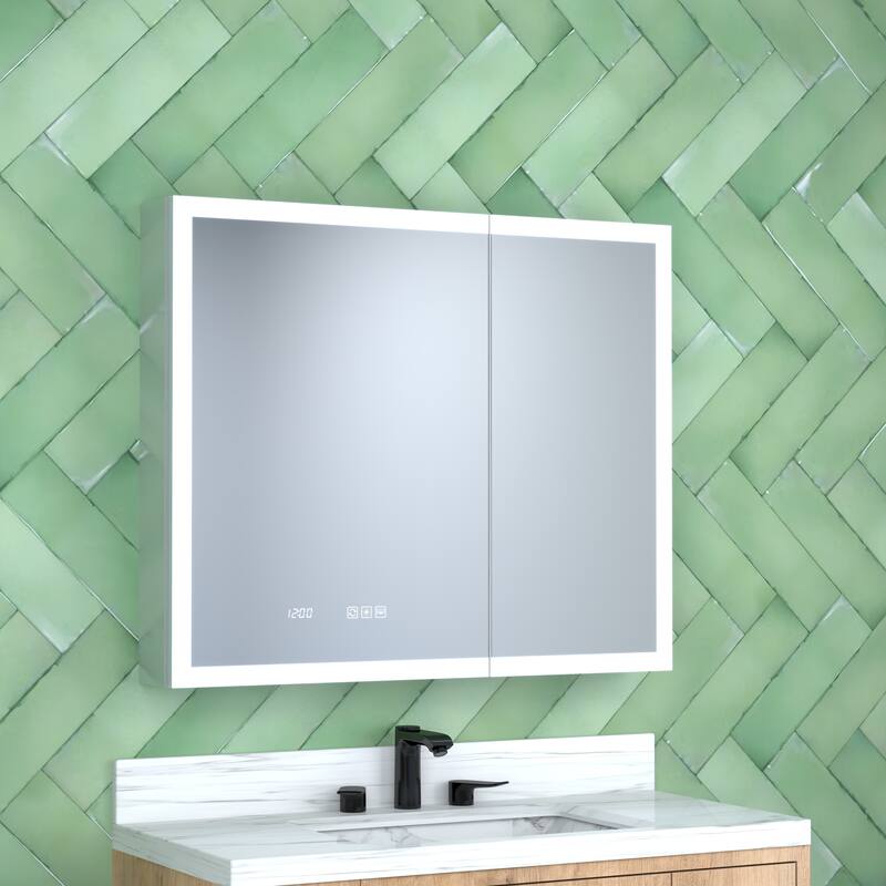 GDFStudio - Delmar Modern Aluminum LED Lighted Medicine Cabinet with Mirror Anti Fog and Digital Clock