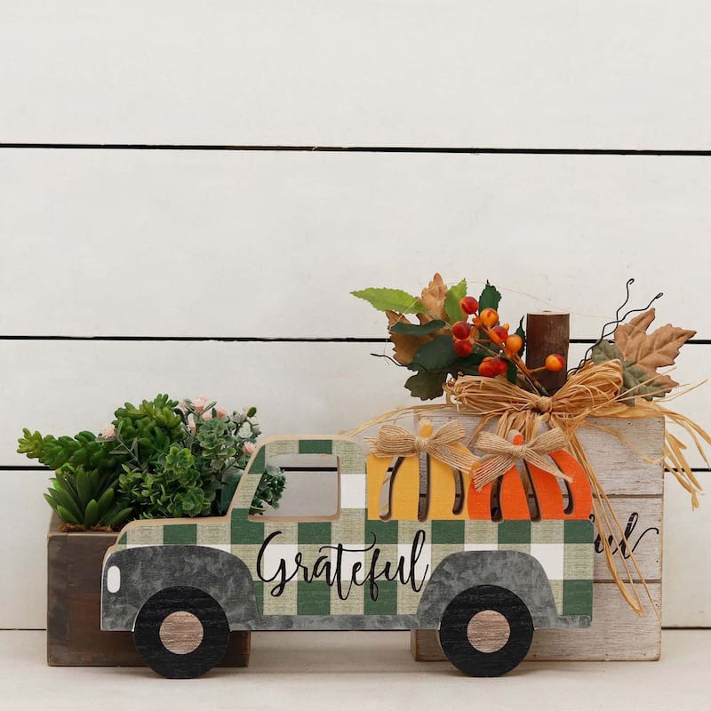 Grateful Truck Carrying Pumpkins Wood Tabletop Decor, Thanksgiving Day Decorations