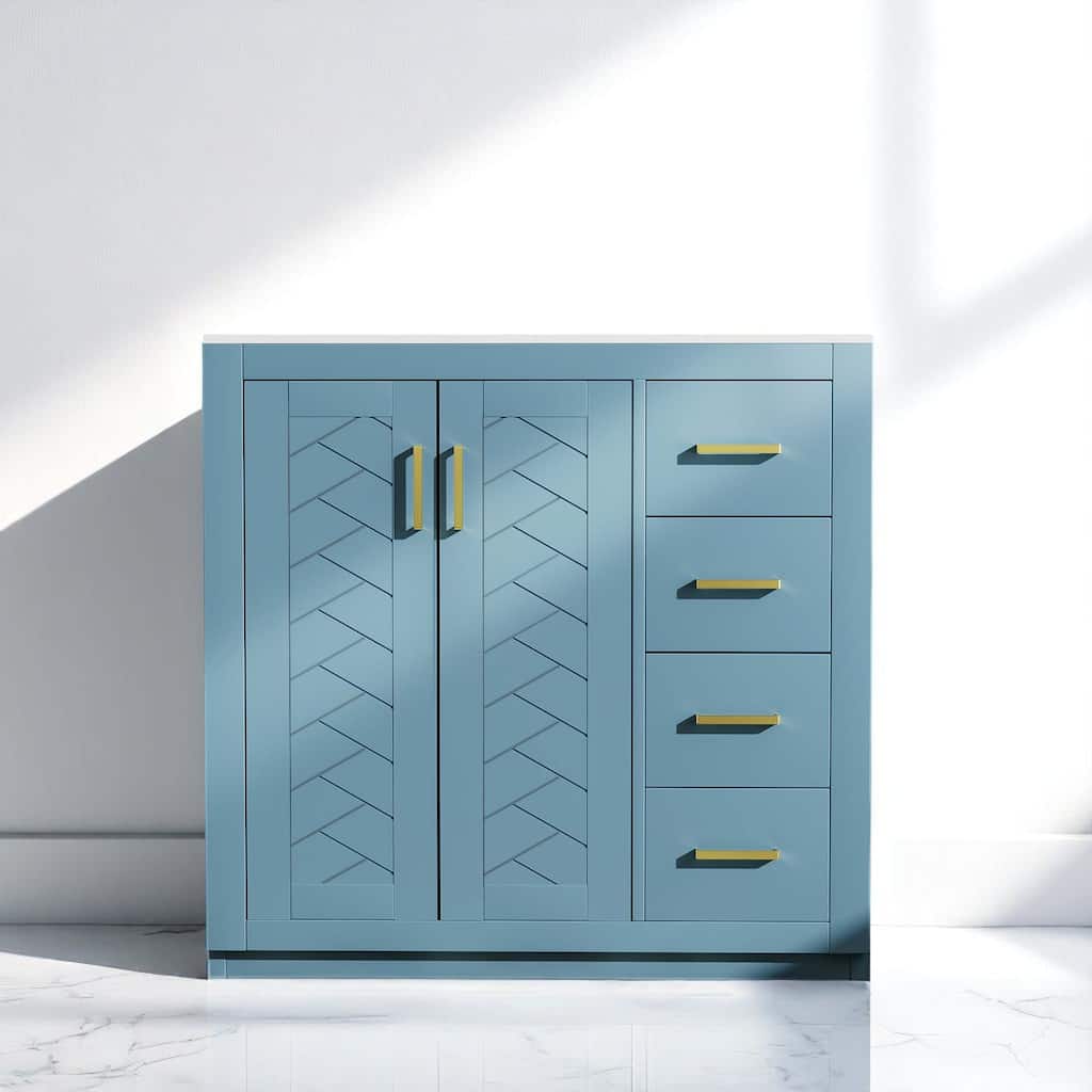 36" Indigo Bathroom Vanity with Sink - Solid Wood Frame, 3 Drawers, 2 Doors, Ceramic Basin, Soft-Close Hardware, Storage Cabinet