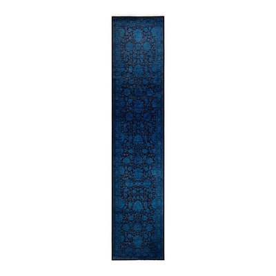 Overton Hand Knotted Wool Vintage Inspired Modern Contemporary Overdyed Navy Runner Rug - 2' 6" x 12' 1"
