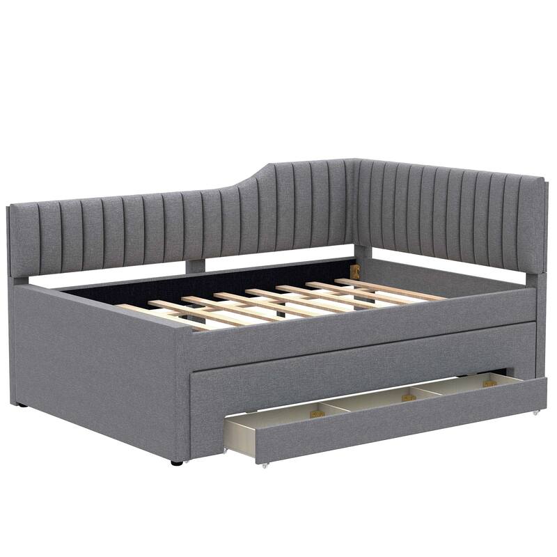 Upholstered Linen Bed Frame, Full Size Daybed with Pull-out Trundle and Storage Three Drawers for Bedroom/Apartment