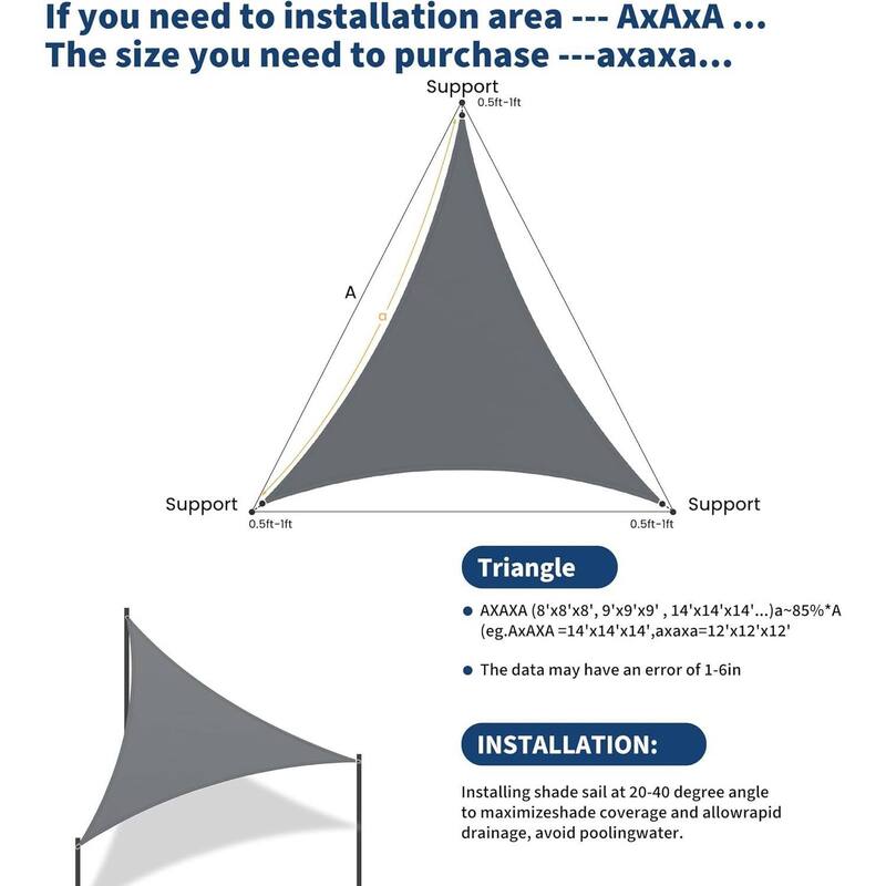 16'X16'X16' Triangle Sun Shade Sail Shade Cloth, Sunshade for Patio, Backyard, Deck, Garden, Sand