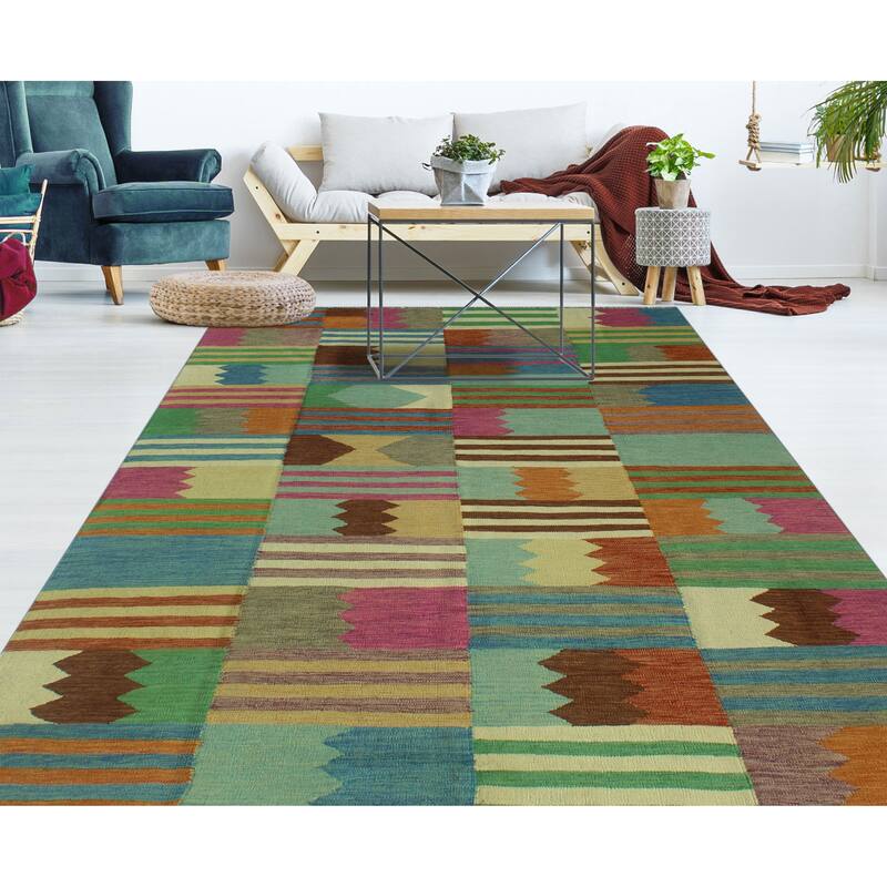 Hand-Woven Winchester Kilim Enise Rust/Blue Rug - 6'9" x 9'7"