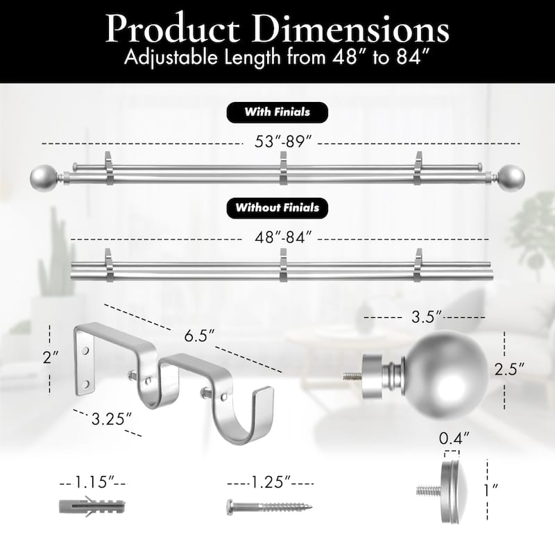 Meriville 1-Inch Diameter Steel Ball Double Window Curtain Rod with Norwood End Cap Finial