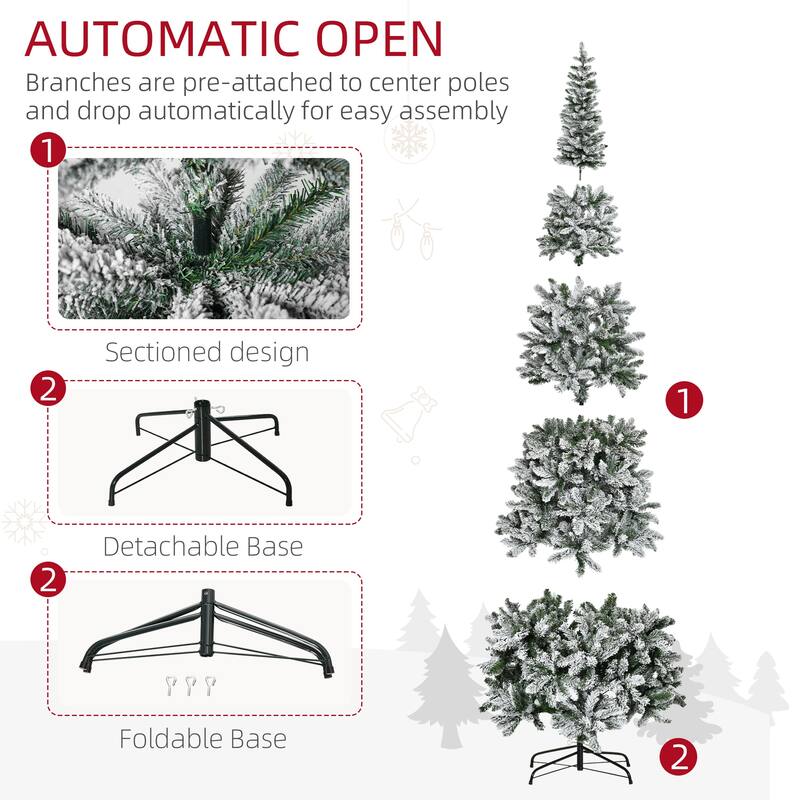HOMCOM Unlit Snow-Flocked Slim Pine Tree - Realistic Branches - Green