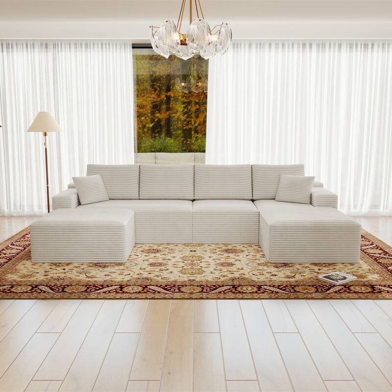 Roomfitters 131.9" Modular Sectional Sofa, 4-Piece Compressed Cloud Couch, No Assembly Required, Plush Corduroy, White - White