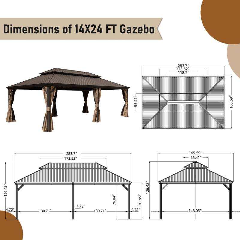 Aluminum Metal Hardtop Gazebo with Galvanized Steel Double Roof Canopy, Curtain and Netting