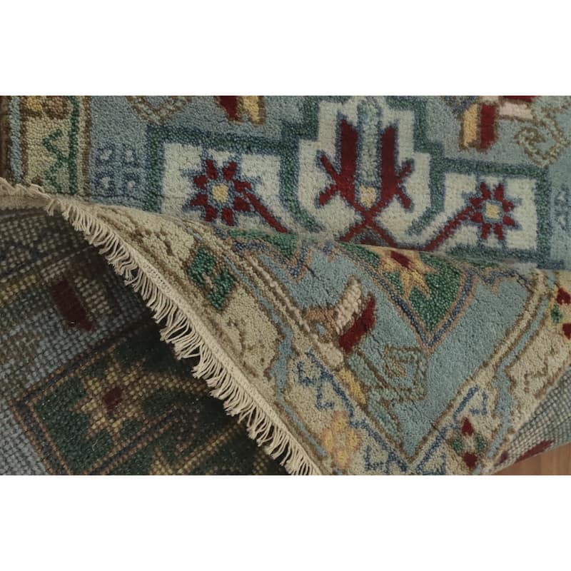 Hand-knotted Traditional Wool Blue Geometric Oriental Area Rug - 7' 10'' X 2' 7''