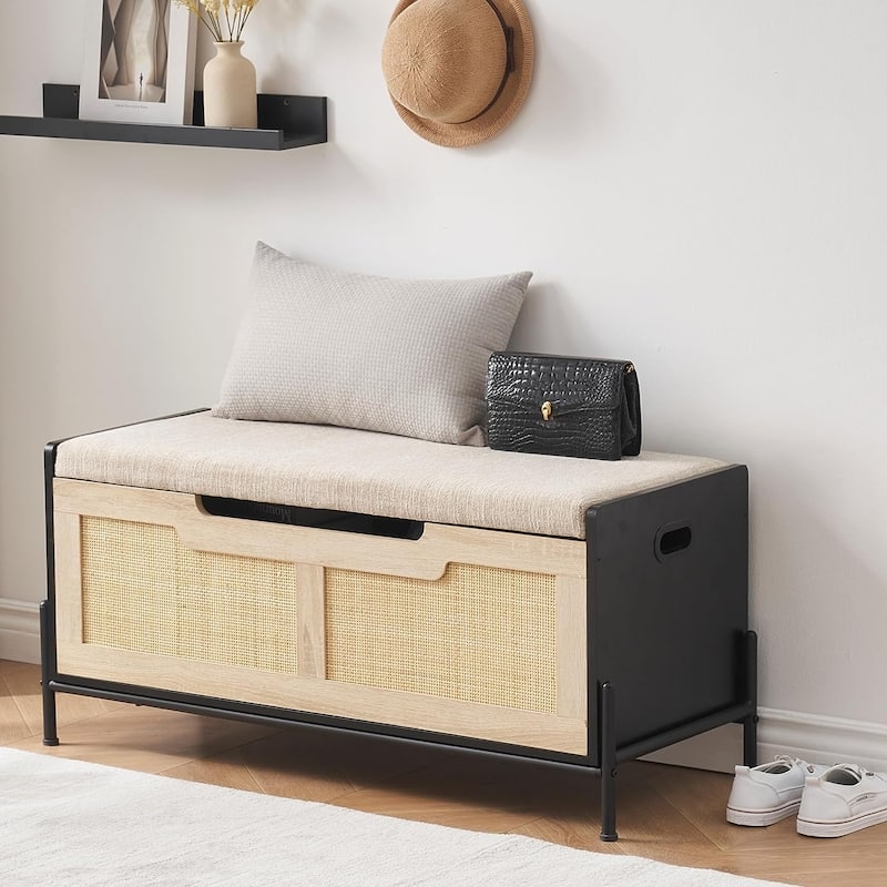 Rattan Storage Bench Upholstered Storage Chest for Entryway - Large