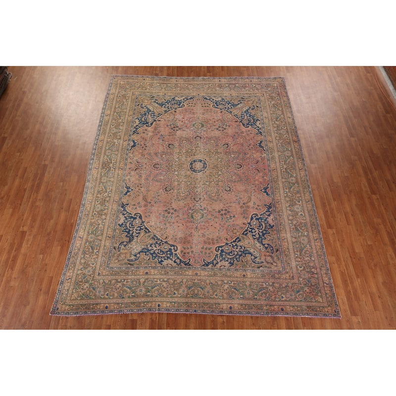 Distressed Mashad Persian Vintage Area Rug Hand-Knotted Wool Carpet - 9'7" x 12'7"