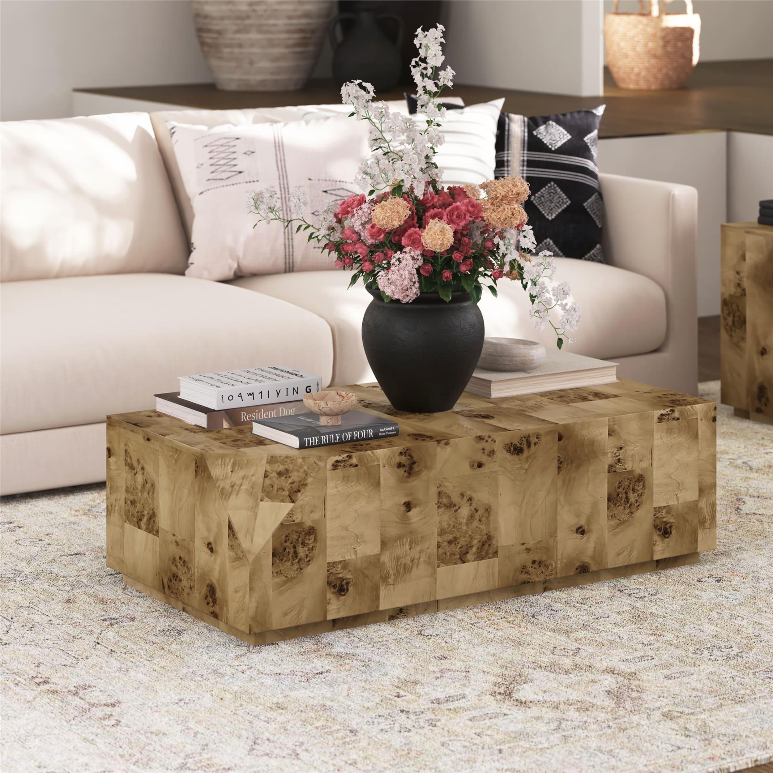 Moxie Coffee and End Table Set with Burl Finish for Modern and Rustic Interiors