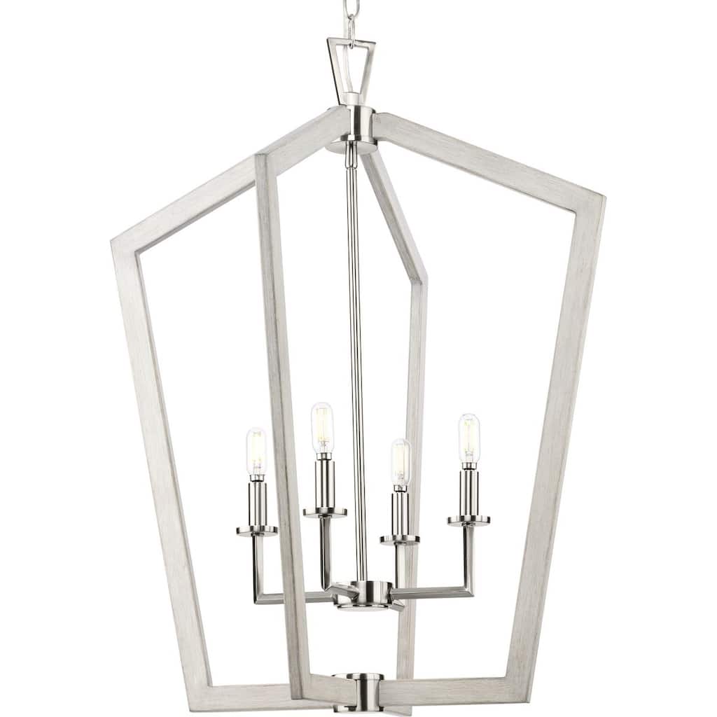 Galloway Collection 4-Light 30 in. Brushed Nickel Modern Farmhouse Foyer Light with Grey Washed Oak Accents - Medium