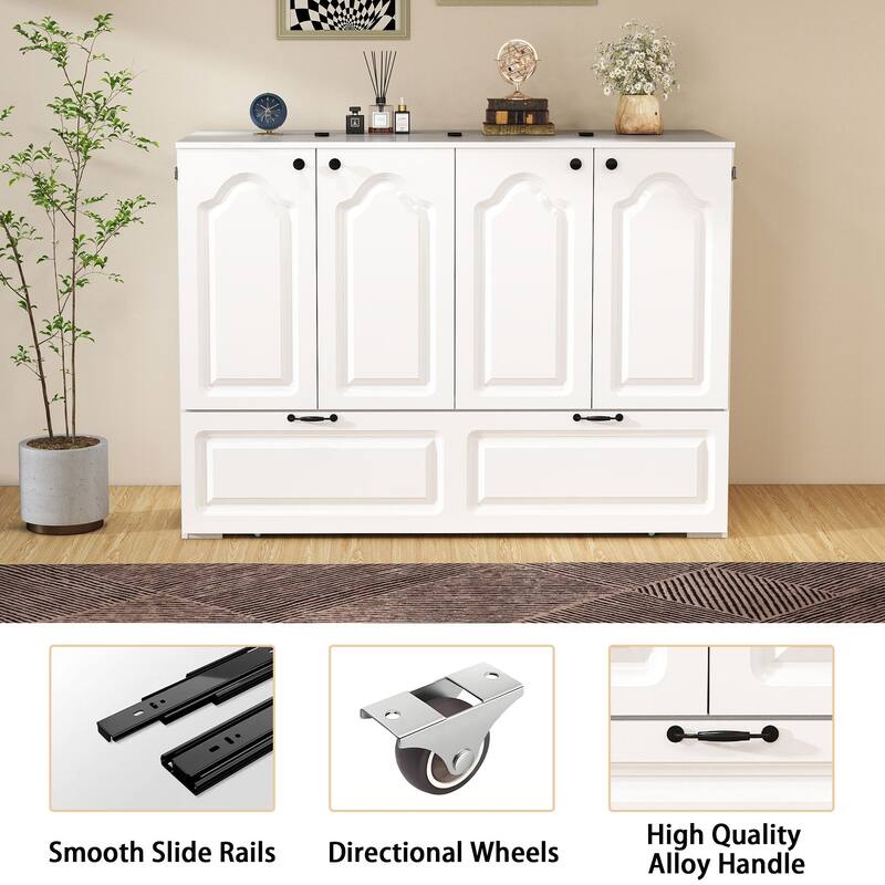 Murphy Cabinet Bed with Charging Station & Storage Drawer, Foldable Platform Bed for Small Spaces