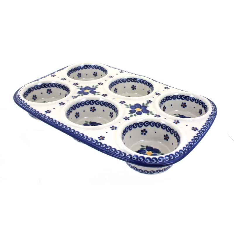 Blue Rose Polish Pottery 335 Vena Muffin Pan - Spring Blossom