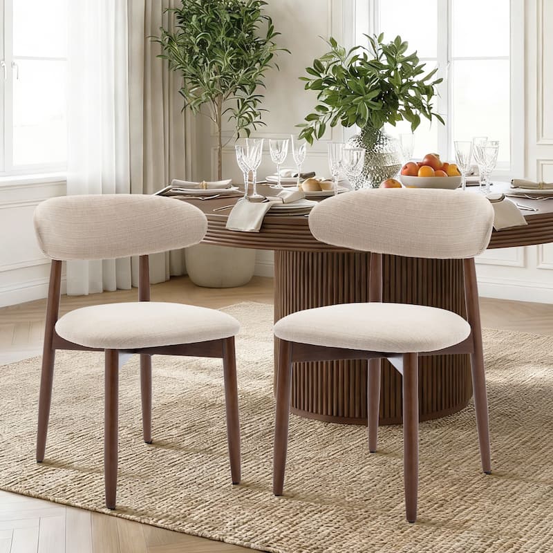 Open Back Upholstered Wood Frame Dining Chair Fabric Seat - Set of 2 - Beige