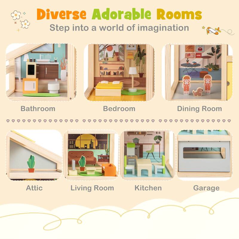 Costway Kids Wooden Dollhouse with 7 Rooms 18 Pcs Furniture - Natural - See Details
